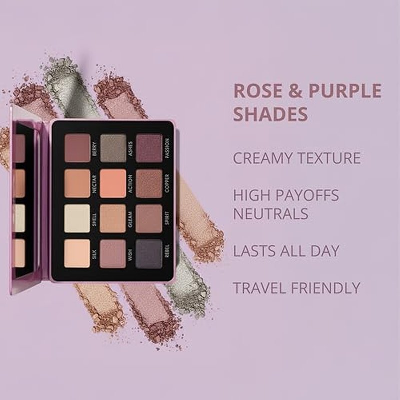 Lamora Pink Eyeshadow Palette - 12 Soft Mauve Rose Shadows, Multi-Use Eye Makeup Palette with Matte & Shimmer Finishes, Ultra-Blendable Everyday Neutrals, Long-lasting Wear, Travel Makeup with Mirror