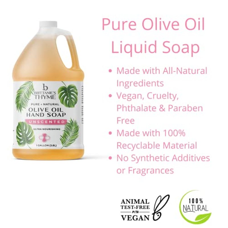 Brittanie's Pure Organic Castile Liquid Olive Oil Soap Refill, Unscented, 1 Gallon | Face, Body Wash, Dishes, Pets & Laundry | Vegan & Gluten Free Non-GMO