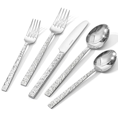 Kingstone Silver 40-Piece Hammered Flatware Set for 8, 18/10 Stainless Steel