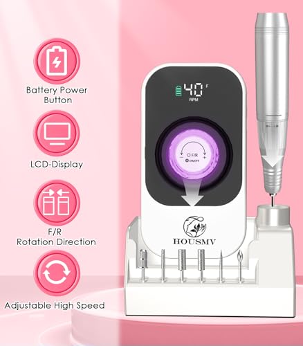 HOUSMV Portable Nail Drill E-File - White, Rechargeable, 40,000 RPM