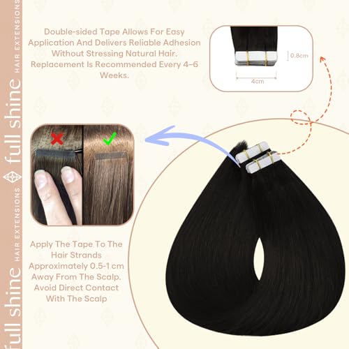 Fshine Natural Black Tape-In Hair Extensions 18 Inch #1B Remy Human Hair