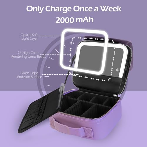 MOMIRA Travel Makeup Bag Cosmetic Bag Makeup Organizer Bag with Lighted Mirror, Adjustable Brightness in 3 Color Scenarios, Waterproof Makeup Train Case, Gift for Women - Violet(Woven)