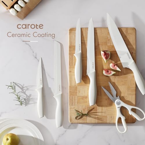 White 15-Piece Knife Set with Wooden Block & Built-In Sharpener - CAROTE