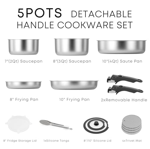 Stainless Steel Detachable Nonstick Cookware Set - Stackable Pots & Pans for RV Camping, Oven & Induction, 5 Pieces