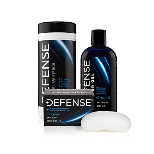 Defense Soap 4 Oz Bar (Pack of 2), Body Wash 12 oz, Body Wipes 40 Count - Tea Tree Oil, Eucalyptus Oil, Rosemary and Aloe Vera