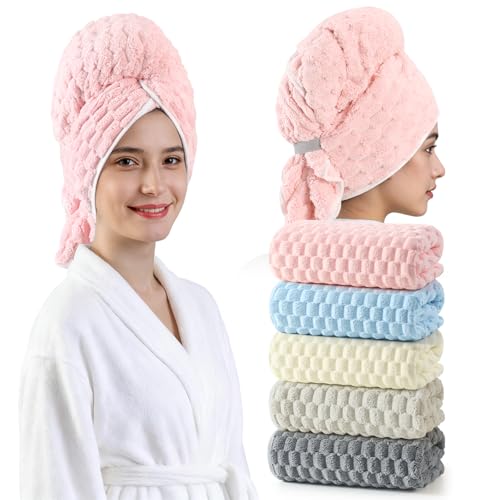 Extra Large Microfiber Hair Towels Set - Soft Over-Sized Wraps with Elastic Straps, 23x47 Inches, 5 Colors