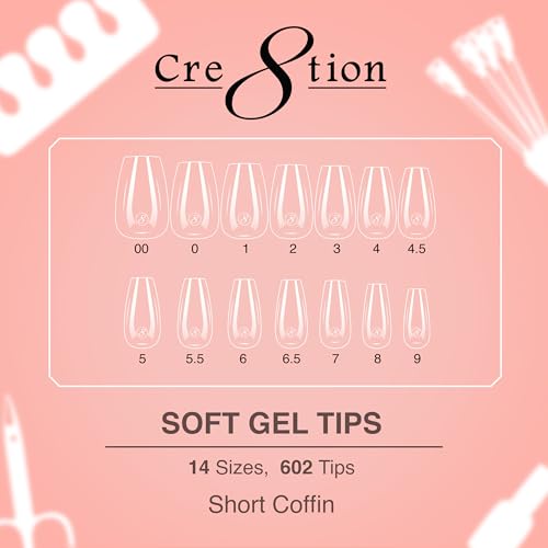 Cre8tion Soft Gel Nail Tips - Short Coffin Shape, 602 Tips in 14 Sizes