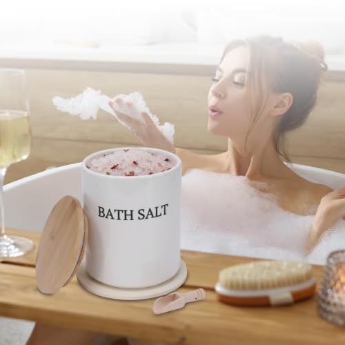 M-White 64oz Airtight Ceramic Bath Salt Jar Set with Wooden Lid & Scoop