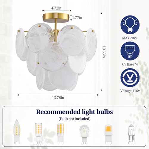 Gold White Cloud Glass Ceiling Light Fixture Modern Semi Flush Mount Round Lighting for Bedroom Living Room Foyer