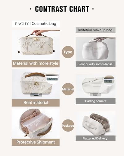 EACHY Travel Makeup Bag - Floral Cosmetic Organizer for Women, Beige, Large, AB-Beige