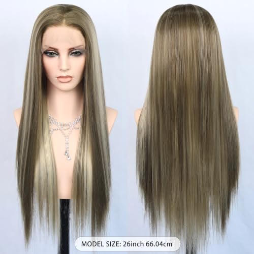 Life Diaries 26 Inch Straight Synthetic Lace Front Wig for Women Dark Brown Blonde Highlights