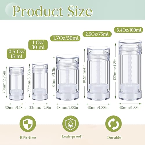 50 Pack 15ml Clear Refillable Deodorant Containers Twist Bottom DIY Travel