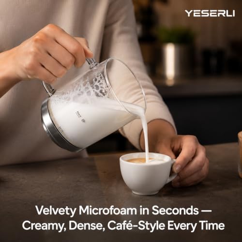 YESERLI 4-in-1 Electric Milk Frother & Steamer with Detachable Glass Jug