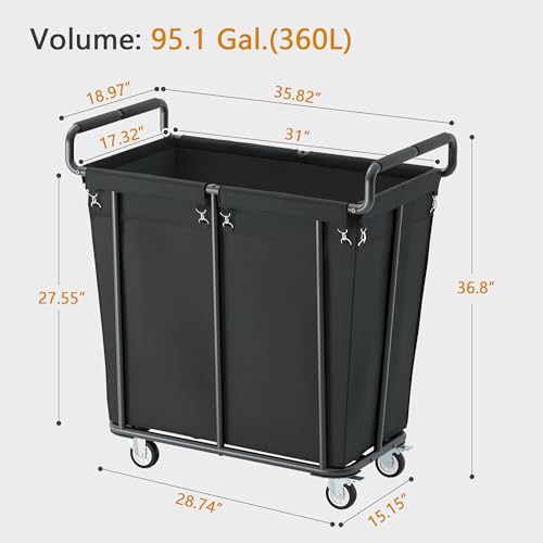 Gewudraw Extra Large Laundry Hamper with Wheels - Black, 360L Capacity, Heavy Duty, 1-Section