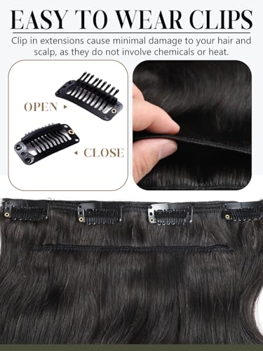 Black Hair Clip-In Extensions 16 Inch Body Wave Human Hair Natural Black