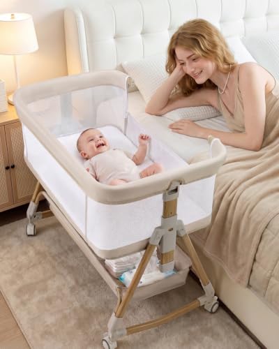 Baby Bassinet Bedside Crib - 3-in-1 Rocking & Folding Bed with Wheels, Adjustable Height, Mesh Sides - Beige