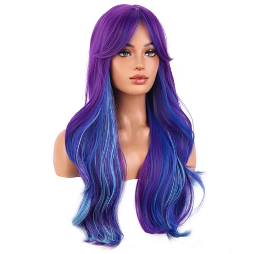 Dark Purple and Blue Wavy Heat-Resistant Synthetic Wig for Women Girls - Long Curly Costume & Daily Use Variation