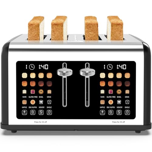 Black 4-Slice Touch Screen Toaster with Dual Control, 8 Shade Settings, 6 Bread Types