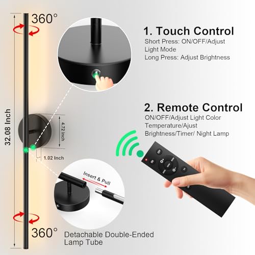 Black 32 Inch Rechargeable Wireless LED Wall Sconce Set of 2 with Remote, Dimmable & Rotatable