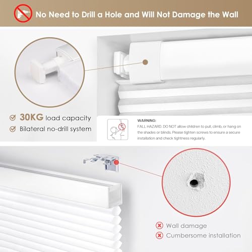 No Drill Cordless Cellular Blackout Shades - White, 46x64 Inches Variation of Blackout-White / 46 W x 64 H