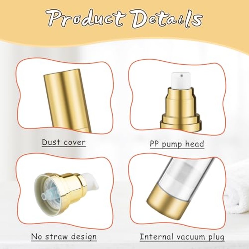 8 Pcs 50ml/1.7oz Empty Airless Pump Bottles without Straw Plastic Vacuum Bottle Refillable Cosmetic Containers for Lotion Cream Foundation,1Funnel & 1 Pipette,Golden Head