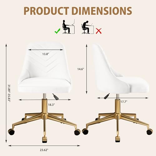 VECELO Cream White Velvet Vanity Desk Chair with Height Adjustment & 360° Swivel, Gold Base