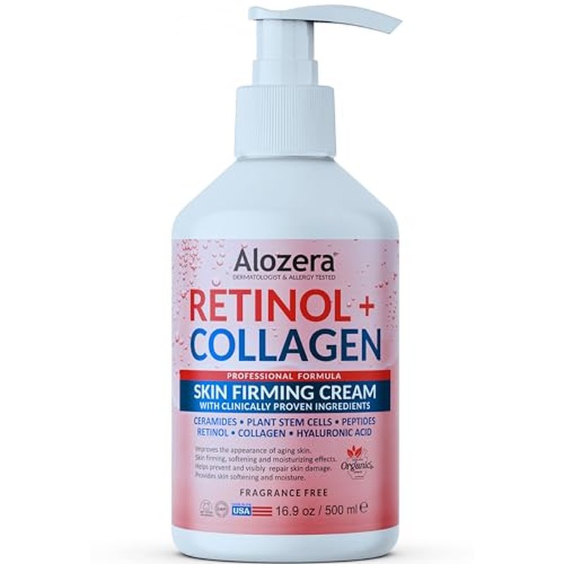 Alozera Skin Firming Retinol Collagen Face & Body Lotion with Stem Cells for Aging Skin and Wrinkles, Non-Greasy, Lightweight Moisturizer, Fragrance-Free, 16.9 oz