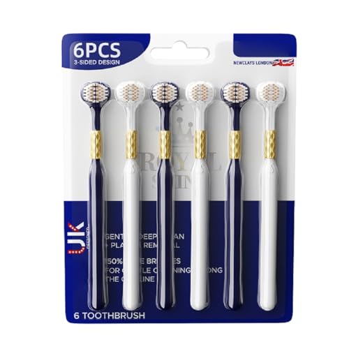 3-Sided Toothbrush for Adults with Soft & Stiff Bristles, Teeth & Tongue Cleaning - Pack of 6