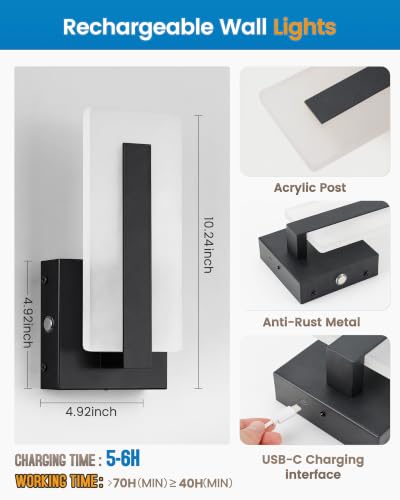 Black Rechargeable Wall Sconce Set of 2 - 10.2 Inch Wireless Dimmable LED Lights with Remote