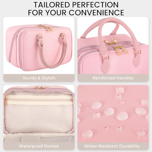Travel Makeup Bag for Women - Pink, Large Capacity, Stand-Up Cosmetic Organizer with Brush Holder