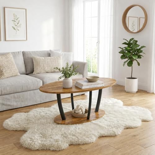 Manora Rustic Oval Coffee Table with Storage Shelf - Brown, 2-Tier Farmhouse Design