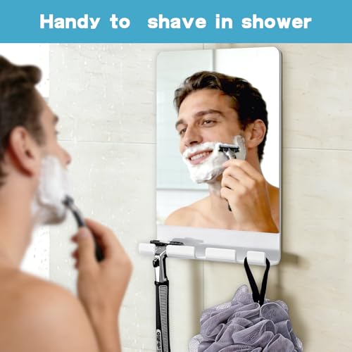 SANTOO Fogless Shower Mirror, Bathroom Shaving Anti-Fog Mirror with 3 Razor Holders - Strong Adhesive for Any Surface Without Falling, Shatterproof & Space-Saving (White)