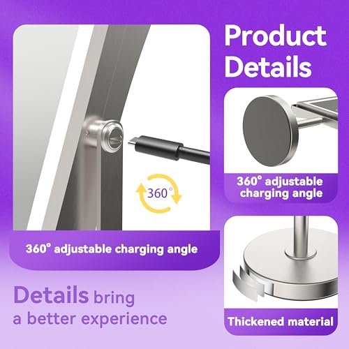 JIONIESIM Series 1X/10X Makeup Mirror with Lights, Double Sides Lighted Magnifying Mirror with 3 Colors, Height & Brightness Adjustable, Rechargeable 4000mAh Vanity Mirror (Brushed Nickel)