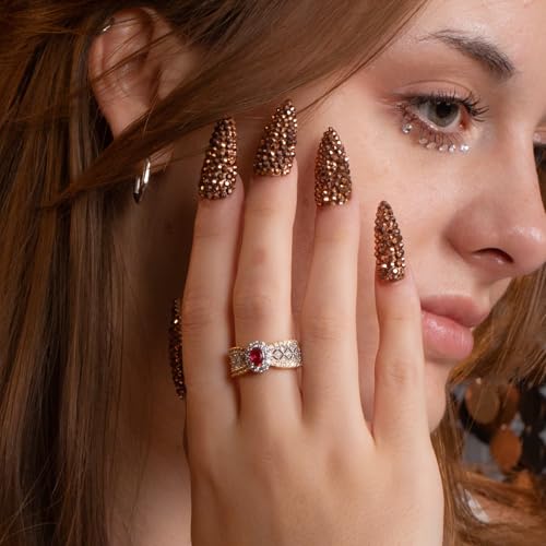 Reusable Gold Rhinestone Press-On Nails - Stiletto Full Cover Fake Nails, Salon Quality, 1.3 Inch