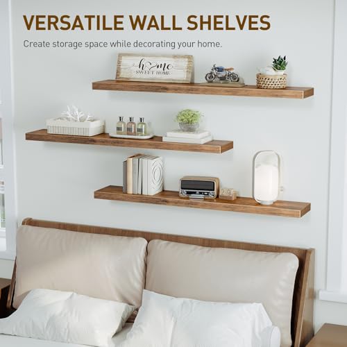 Floating Wall Shelves Set of 3 - Rustic Brown, 47.2 Inches, Thick Wall Mount Storage