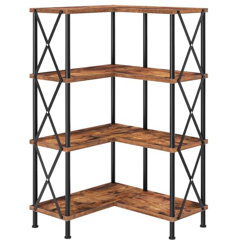 HOOBRO 4-Tier Corner Bookcase with Rustic Brown & Black Finish, L-Shaped Adjustable Shelving