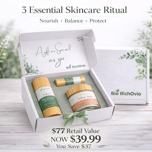 Skincare Gift Set for Women -3 Piece Natural Self Care Kit with Grass Fed Tallow & Probiotic Deodorant, Hydrating Body & Lip Balm ? Clean Beauty Gift For Birthday or Anniversary.