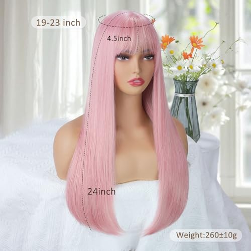 Pink Long Straight Wig with Bangs for Women 24 Inch Heat-Resistant Synthetic Cosplay Halloween