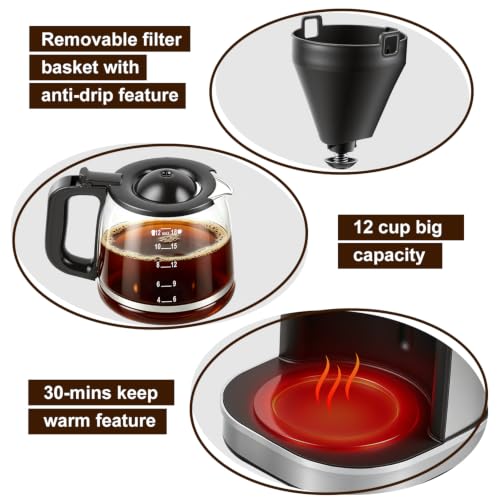 Black Drip Coffee Maker 12-Cup Programmable Coffee Machine with LCD, Timer & Aroma Selector