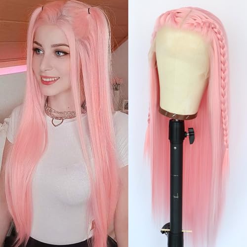 A-Light Pink Synthetic Lace Front Wig Long Straight Hair Natural Hairline Glueless Heat-Resistant Fiber for Women