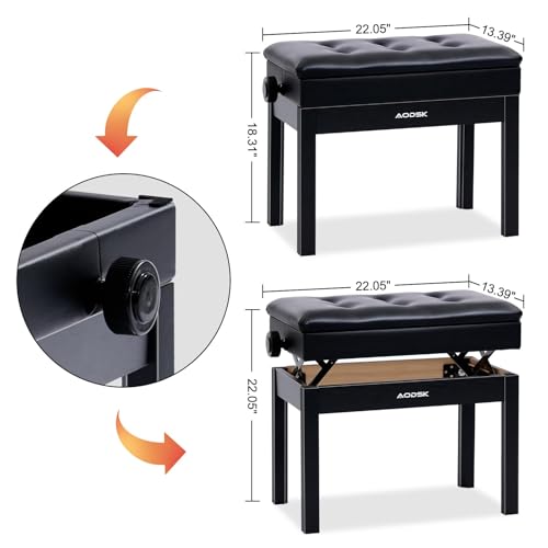 Adjustable Piano Bench with Storage, Padded Seat 22x13.4 Inches