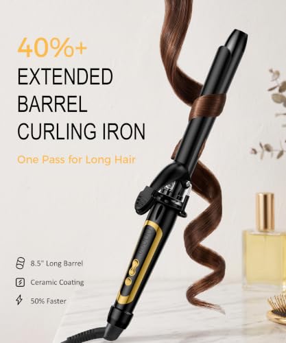 Lanvier 1 Inch Extra Long Ceramic Tourmaline Curling Iron - Black, Professional Hair Styler, Up to 450°F, Dual Voltage for Worldwide Use