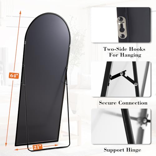Black Arched Full Length Floor Mirror 64x21 Inches Stand & Wall Mount