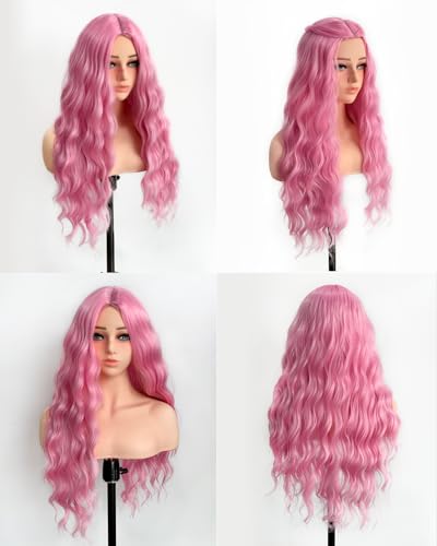 Aida ble Long Pink Wavy Wig for Women 28-Inch Synthetic Hair - Middle Part - Variation Pink