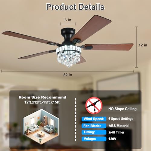 Black & Walnut 52-Inch Flush Mount Ceiling Fan with Light & Remote