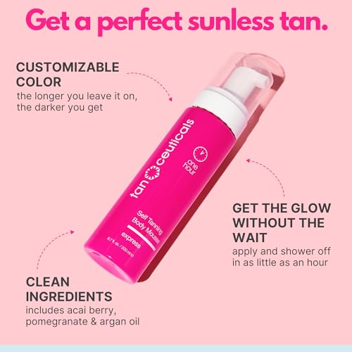 Tanceuticals Express Self Tanning Body Mousse - Fast Acting Self Tan Foam - Develops in 1-4 Hours, Natural Looking, Vegan & Cruelty Free - Sunless Tanner with Acai Berry, Pomegranate & Argan Oil