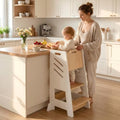 Toddler Kitchen Tower Step Stool with Sliding Panel - White, 3-Level Adjustable & Safety Features
