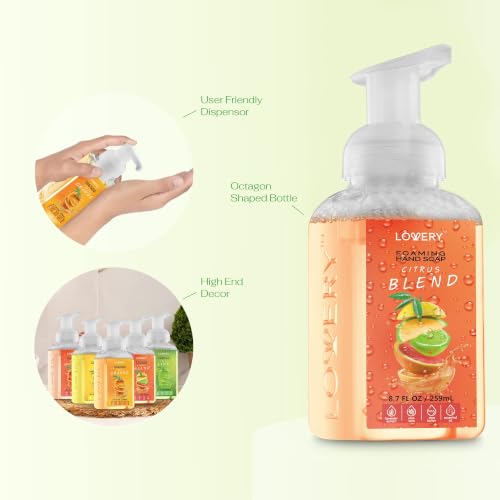 Foaming Hand Soap Pump Set - 5-Pack Citrus Fragrance with Aloe Vera & Essential Oils - 8.7 Fl Oz Each - Lemon, Orange, Lime, Grapefruit Variations