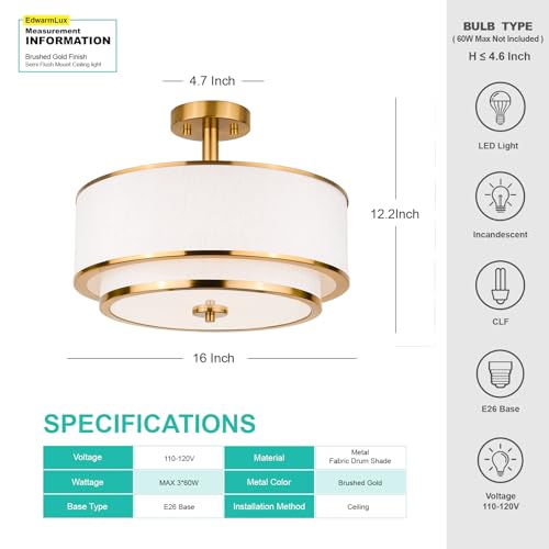 Edwarmlux Brushed Gold 3-Light Semi Flush Mount Ceiling Light with White Fabric Shade