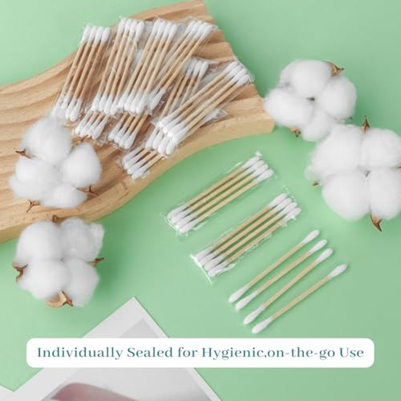1200PCS Cotton Swabs Travel Size,Individually Wrapped Bulk Cotton Swabs Double Tipped Wood Stick,Cotton Buds for Ear Make Up Hotel Daily Cleaning Pet Care Arts Crafts(4Pcs Per Bag,300 Bags)